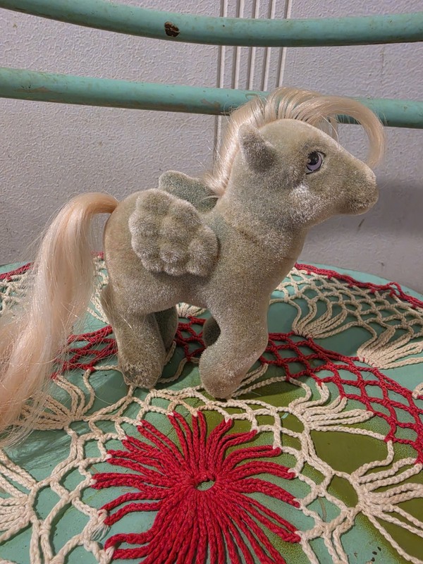 vintage-Flocked Winged Pony Plush Doll Blue Eyes Long Straight Blonde Mane Tail