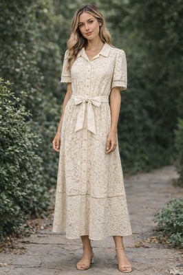 Anne Klein Lace Midi Dress Ivory Button Front Belted Size 8 NWT | eBay