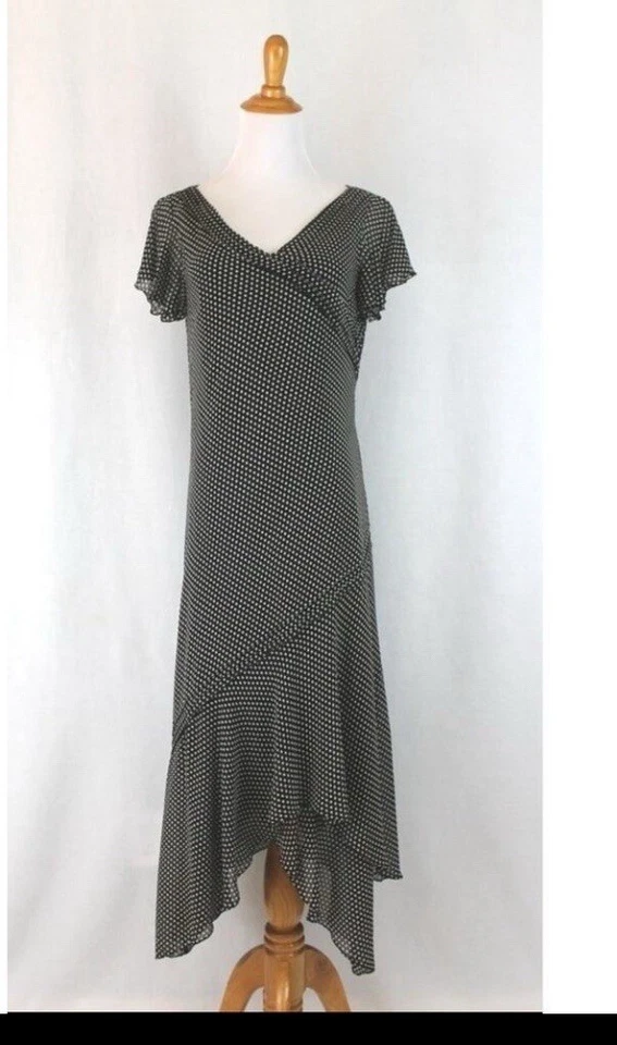 Vestido midi de gasa de seda Adrianna Papell negro a lunares asimétrico Gatsby 12 de colección Foto 2 de 4