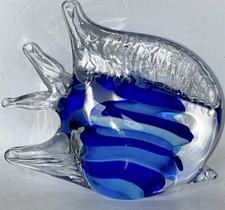 Blue Striped Murano Style Art Glass Fish Sculpture Paperweight Figurine (c2)