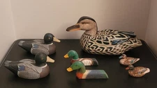 Lot Of 7 Wooden Duck Decoy Figures Sculpture Carved Painted Various Sizes 