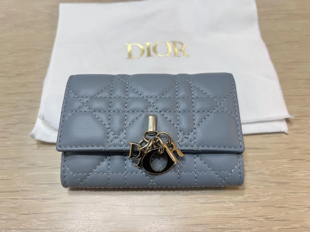 Mini portefeuille Dior Lady Dior My Glycine cuir bleu 11 x 7,5 cm