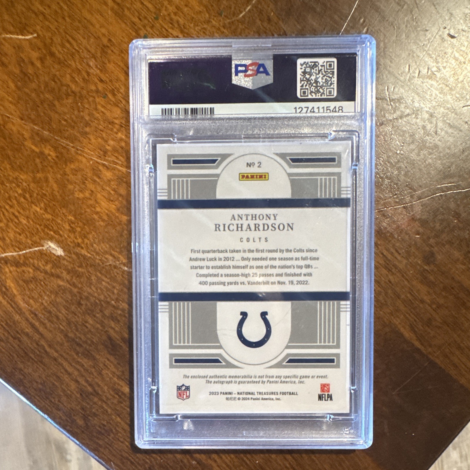 2023 Natl Treasures Anthony Richardson #2 /99 Patch Auto RC PSA 7 Colts view 2