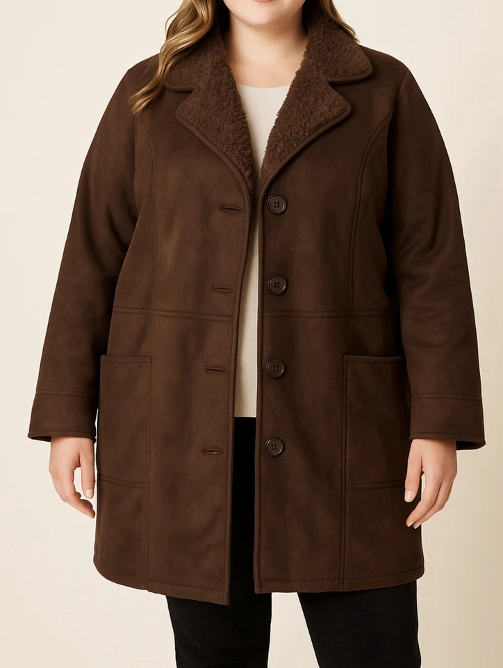 Abrigo D&Co Mujer Imitación Gamuza Piel de Oveja 1X Marrón Botón Frontal Sherpa Forrado Acogedor Foto 2 de 4