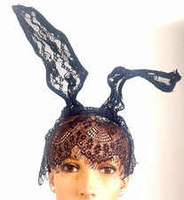 Black Lace Floral Bunny Ears Headpiece/Fascinator w/ Bow, Women, One Size