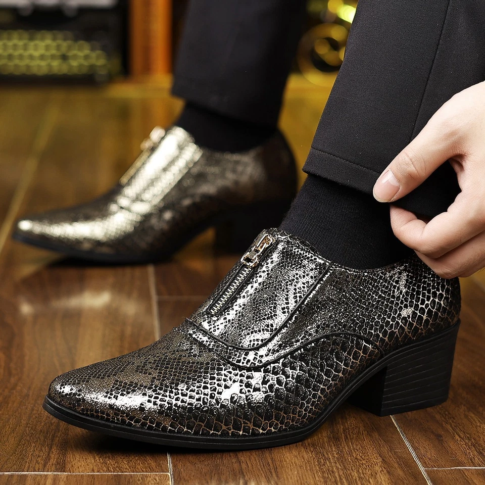 Men's Snake Print Dress Shoes Zip Front Pointed Toe Shiny Block Heel - Image 4 of 4