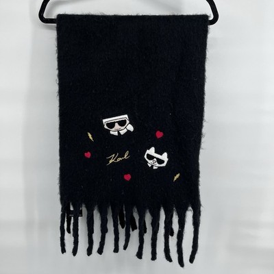 NWT Karl Lagerfeld Paris Women's Fuzzy Scarf Cat Logo Black Chunky
