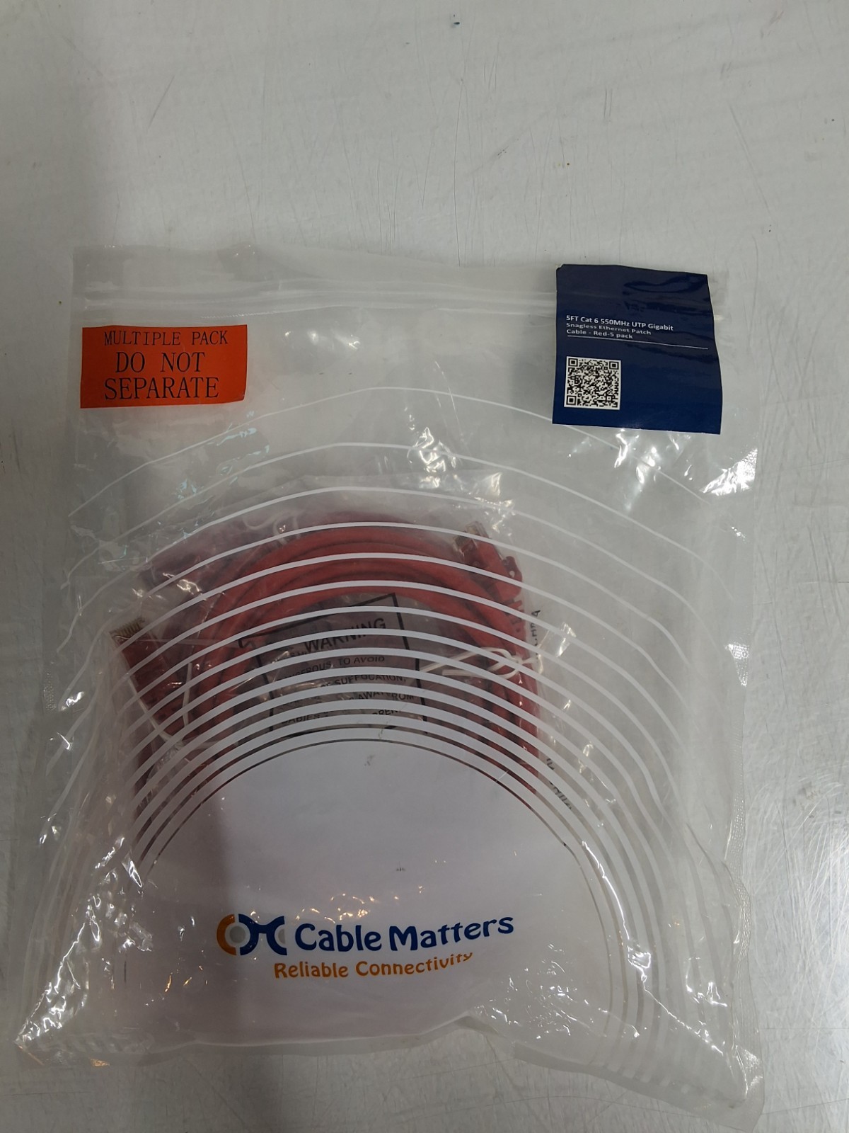 Cable Matters 5-Pack, 5 FOOT Red - Cat6 Snagless Ethernet Patch Cable