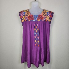 Savanna Jane Dress M Purple Embroidered Floral Cottagecore Mini Shift Cap Sleeve