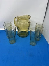 Federal Depression Amber Glass Pitcher and 6 tumblers, Madrid With Ice Lip 80 oz