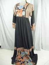 YOUNG EDWARDIAN by Arpeja Vtg 70s Black Floral Kimono Hippie Dress-Bust 37/XS-S