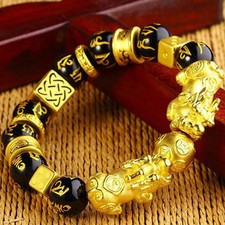 Feng Shui Gold Obsidian Wealth Bracelet 14mm Good Luck  Jewelry for Men