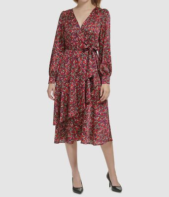 Karl Lagerfeld Paris Women's Red Surplice Long Sleeve Self Tie Dress Size 6