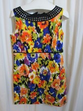 Tahari Shift Dress Empire Sleeveless Multi Color Black Trim Cotton Blend SZ 10