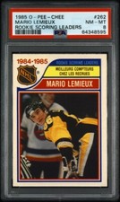 PSA 8 NM-MT 1985 OPC MARIO LEMIEUX (HOF) RC SCORING LEADERS HOCKEY CARD-PENGUINS