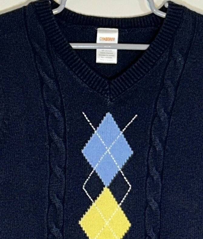 Gymboree Little Boy Sz 6 Sweater Vest Navy Blue V-Neck Light Blue/Yellow Argyle - Image 3 of 4