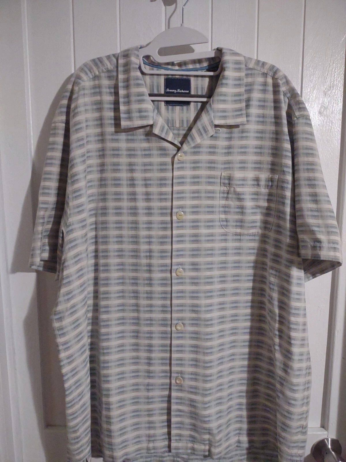 Tommy Bahama Shirt Mens XXL Blue Beige Plaid Button Up