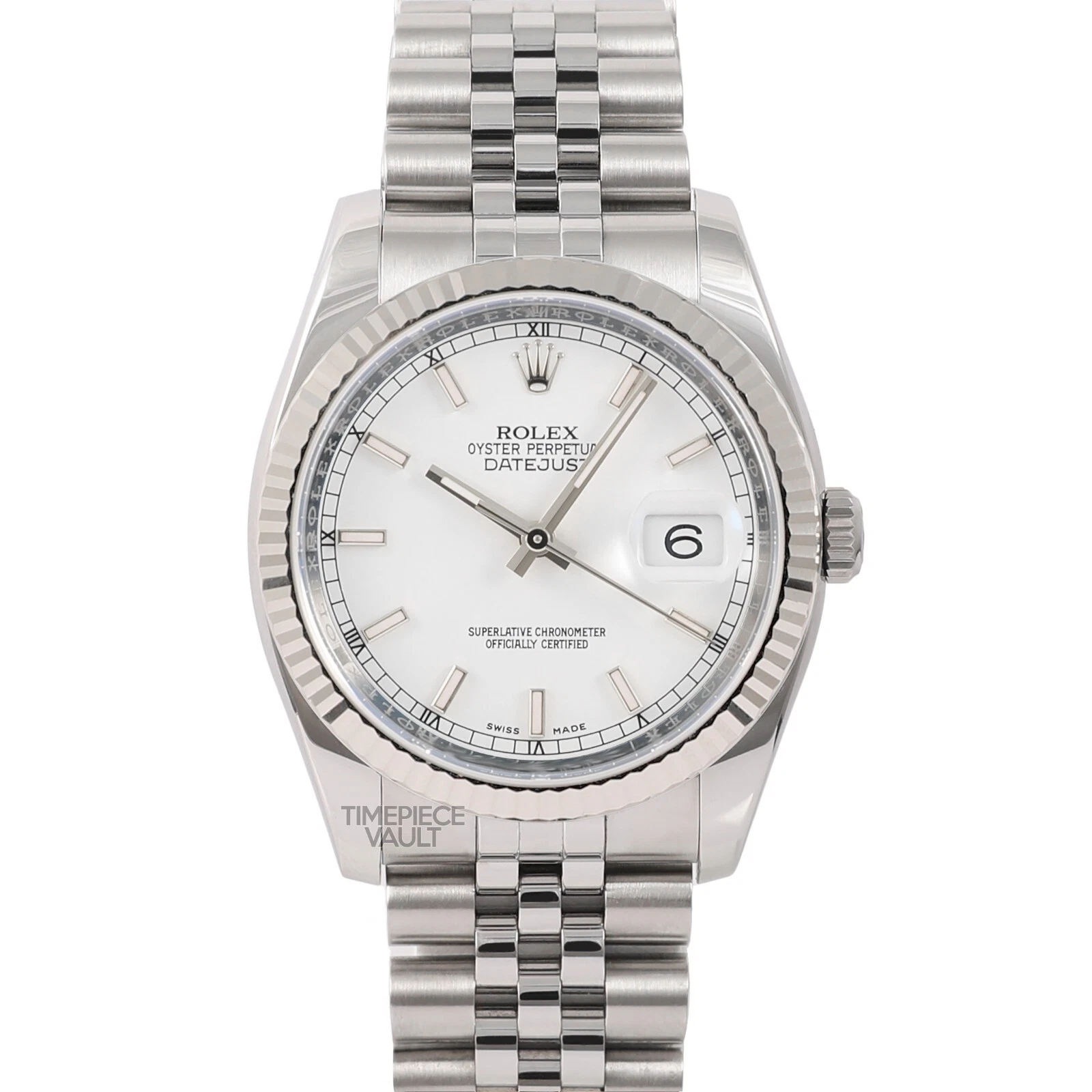 Rolex — ROLEX DATEJUST 116234 STEEL 36MM JUBILEE WATCH WHITE STICK DIAL 18K FLUTED BEZEL