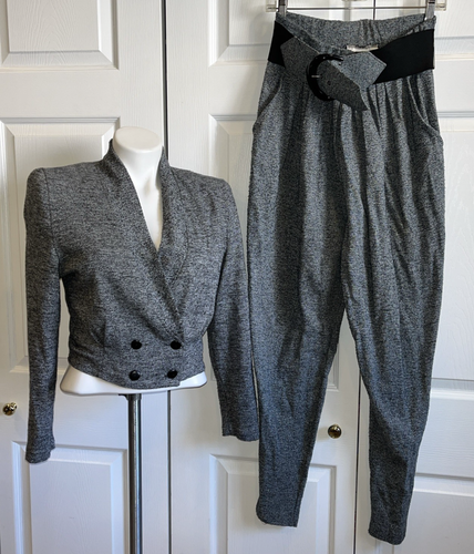 VTG 80's D'Knits Outfit Cropped Double Breasted Jacket Pants Marled Gray Sz M