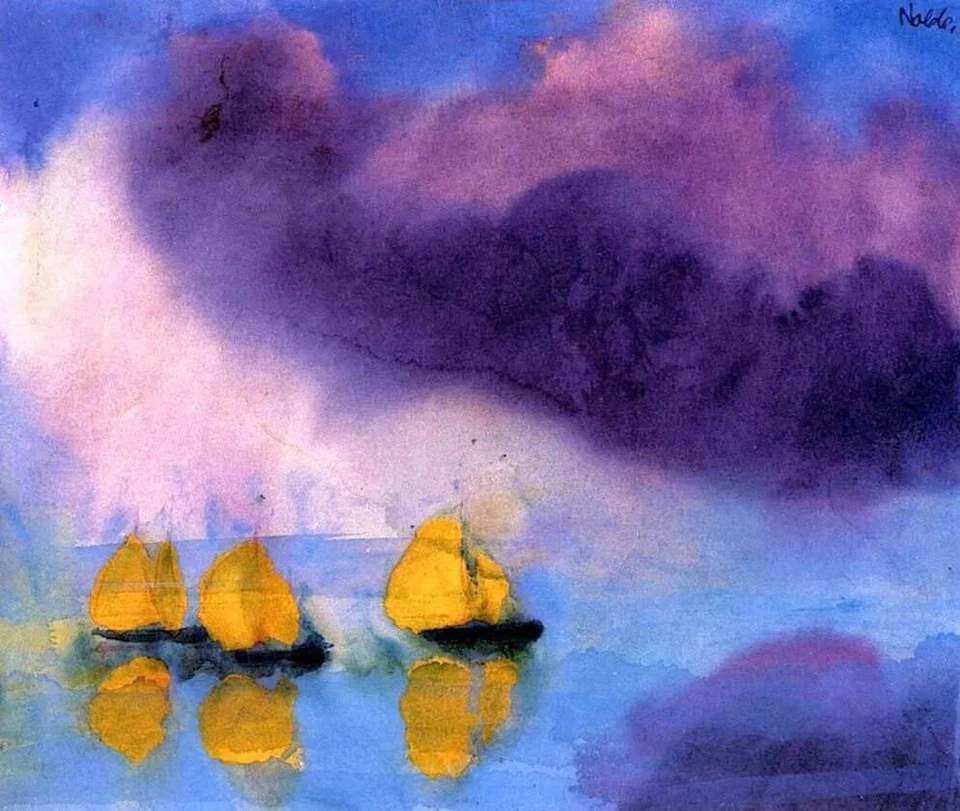Sea with Violet Clouds and 3 Yellow Sailboats by Emil Nolde Quality Art Print Foto 2 de 2