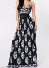 Fashion Nova Women Holy Slit Maxi Dress Navy Size Small NWT