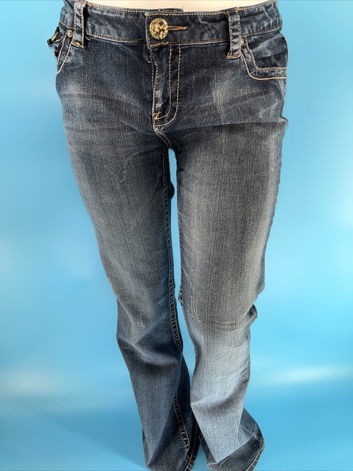 Celebrity Jeans, Jeans Mid Rise Raw Hem Bell Bottoms Acid Blue