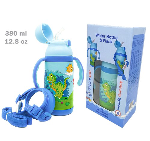 3 in 1 Dinosaur Kids Water Bottle Flask Straw BPA FREE Leak Proof Handles Strap