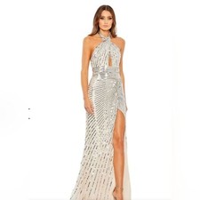 NWT Mac Duggal Gown 0 Nude Silver Embellished Keyhole Halter Strap Draped Slit