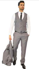GREY DESIGNER SUIT WITH WAISTCOAT FITTED SET MATCHING SHIRT TIE 56
