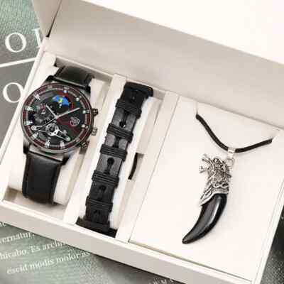 HERREN ARMBANDUHR STAHL ÖKO LEDER ARMBAND HALSKETTE GESCHENKTÜTE SET