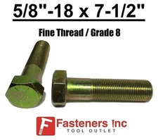 5/8-18 x 7-1/2" (PT) Hex Bolt Yellow Zinc Plated Grade 8 Cap Screw Fine Thread