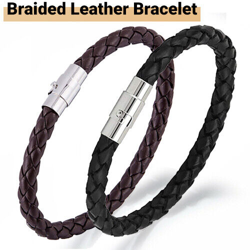 Silver Stainless Steel Magnetic Clasp Braided Leather Bracelet for Men's Women's Silver Stainless Steel Magnetic Clasp Braided Leather Bracelet for Men's Women's