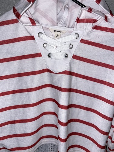 Maddie Red White Stripped Crop Hoodie MEDIUM Mesh back Pullover - Picture 2 of 7