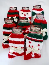 Christmas Lounging Socks Fuzzy Polyester Fabric Gift Bow Ladies Size 9 To 11