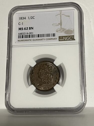NGC MS-62 BN 1834 Classic Half Cent, Well-Struck, Lustrous specimen! - Picture 1 of 2