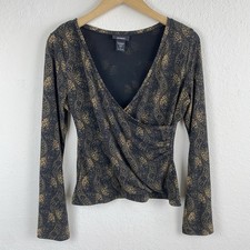 Vtg Express L Whimsigoth Blouse Dark Floral Brown Fairy Y2k Long Sleeve Wrap