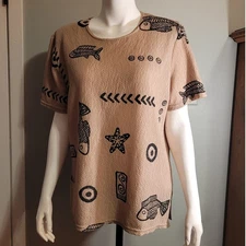 Vtg 80s Vejaiz Crinkle Gauze Shirt Fish Print Shoulder Pads Oversized Boxy Top