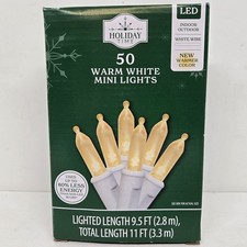 Holiday Time 50 Warm White Mini String Christmas Lights White Wire 9.5 Ft