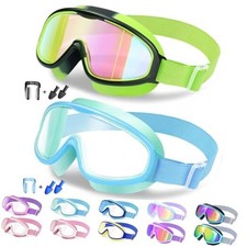 Kids Goggles with Comfort Fabric Strap, Kids Swim Goggles Wide 01-green  Blue