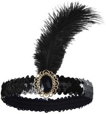 Mardi Gras Headband,1920s Flapper Headband Feather Headpiece for Women Black