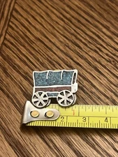 Vintage Covered Wagon Lapel Hat Pin Turquoise Stone Inlay Indigenous Folk Art