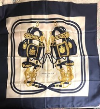 Rare HERMES "BRIDES de GALA" Navy Blue 100 Silk Scarf 34" 90 cm France Mint-