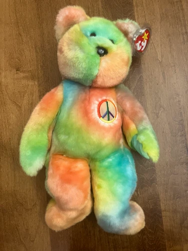 Ty Beanie Buddy “Large Peace” Tie Dye Bear Retired 1999 Vintage (14 inch)