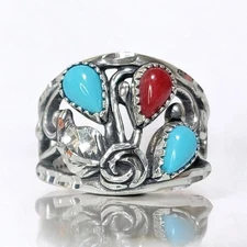 Wheeler MFG Sterling Silver Sleeping Turquoise Coral Diamond Cut Rose Leaf Ring