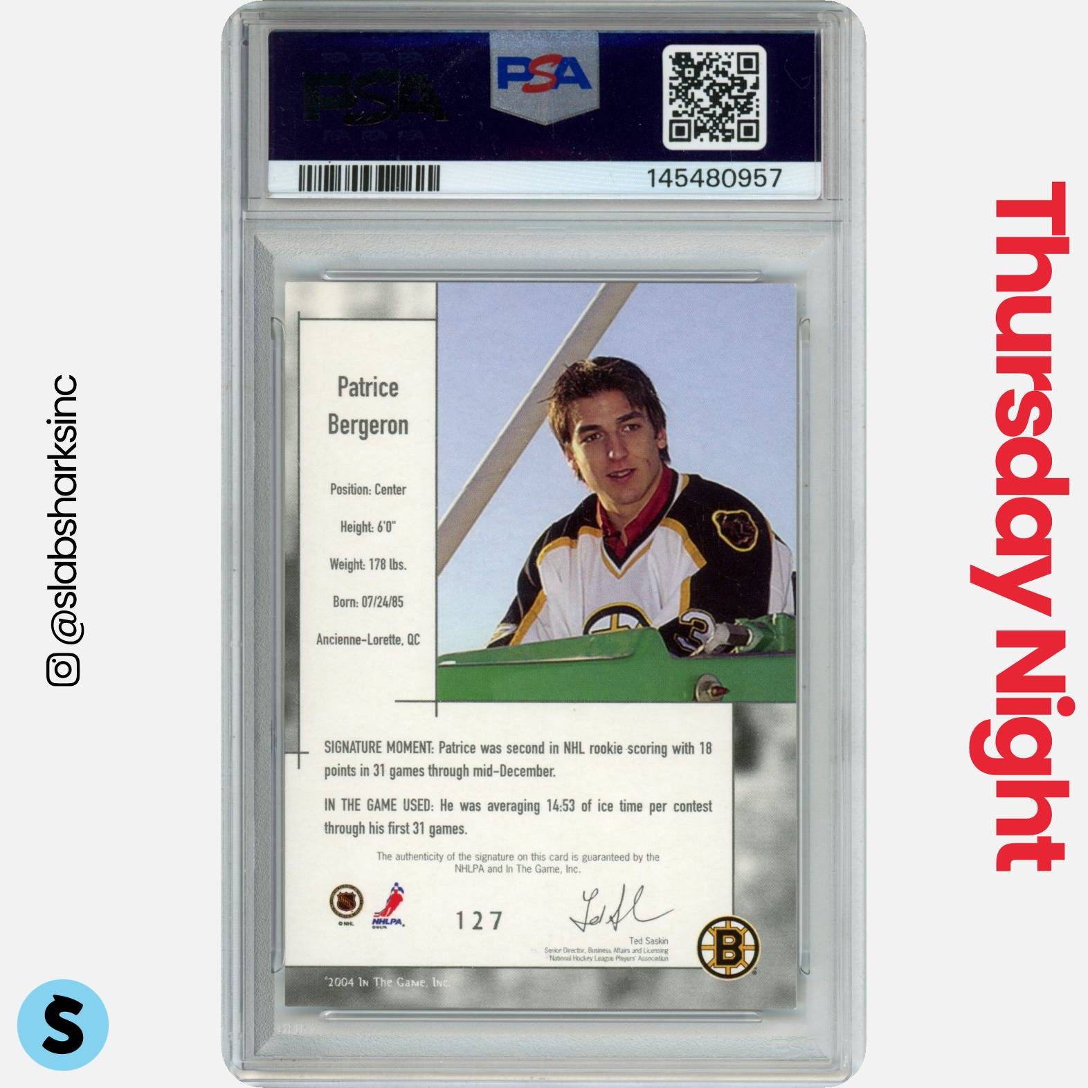 2003 IN THE GAME USED SIGNATURE SERIES PATRICE BERGERON ROOKIE AUTO /135 PSA 9 view 2