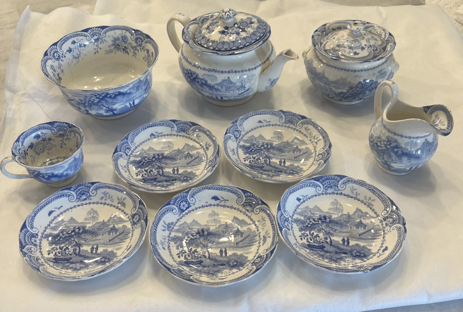 Antique Davenport Porcelain Tea Set, Pagoda Bridge, c1830. 12 Pieces Georgian 
