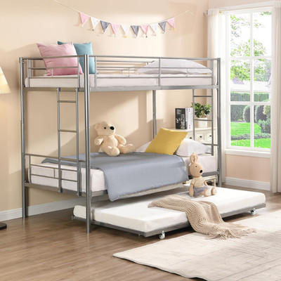 Modern Twin Metal Bunk Bed with Trundle & Stairs - Silver, Easy Assembly