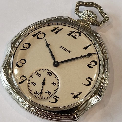 F11 BEAUTY! AWESOME 14k WHITE GOLD FILLED ANTIQUE 1925 ELGIN MODEL 3 RUNS A+!