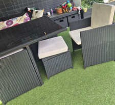 Modern Black Rattan/Wicker Patio Table & Chair Set with Glass Top, Cushions
