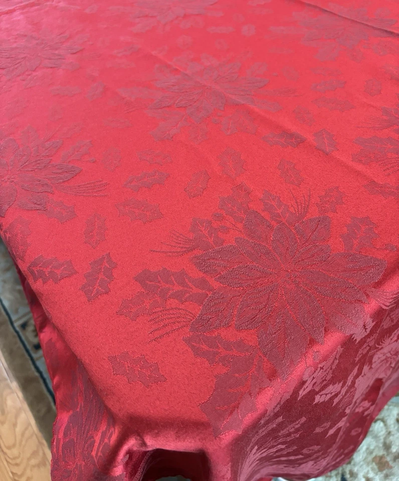 Martha Stewart Everyday Damask Tablecloth Holiday Red Poinsettia 60" x 120" - Image 3 of 4